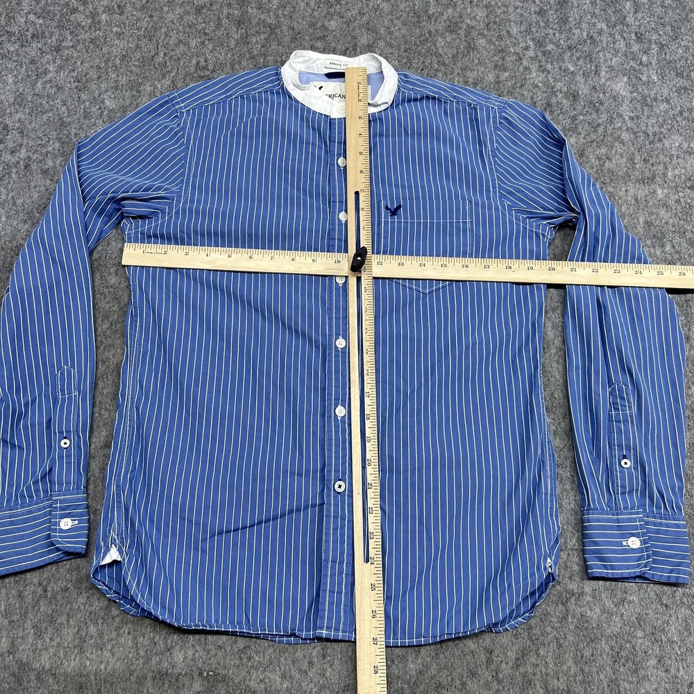 American Eagle Shirt Mens S Blue Stripe Long Sleeve Button Up Band Collar Preppy - Picture 8 of 16